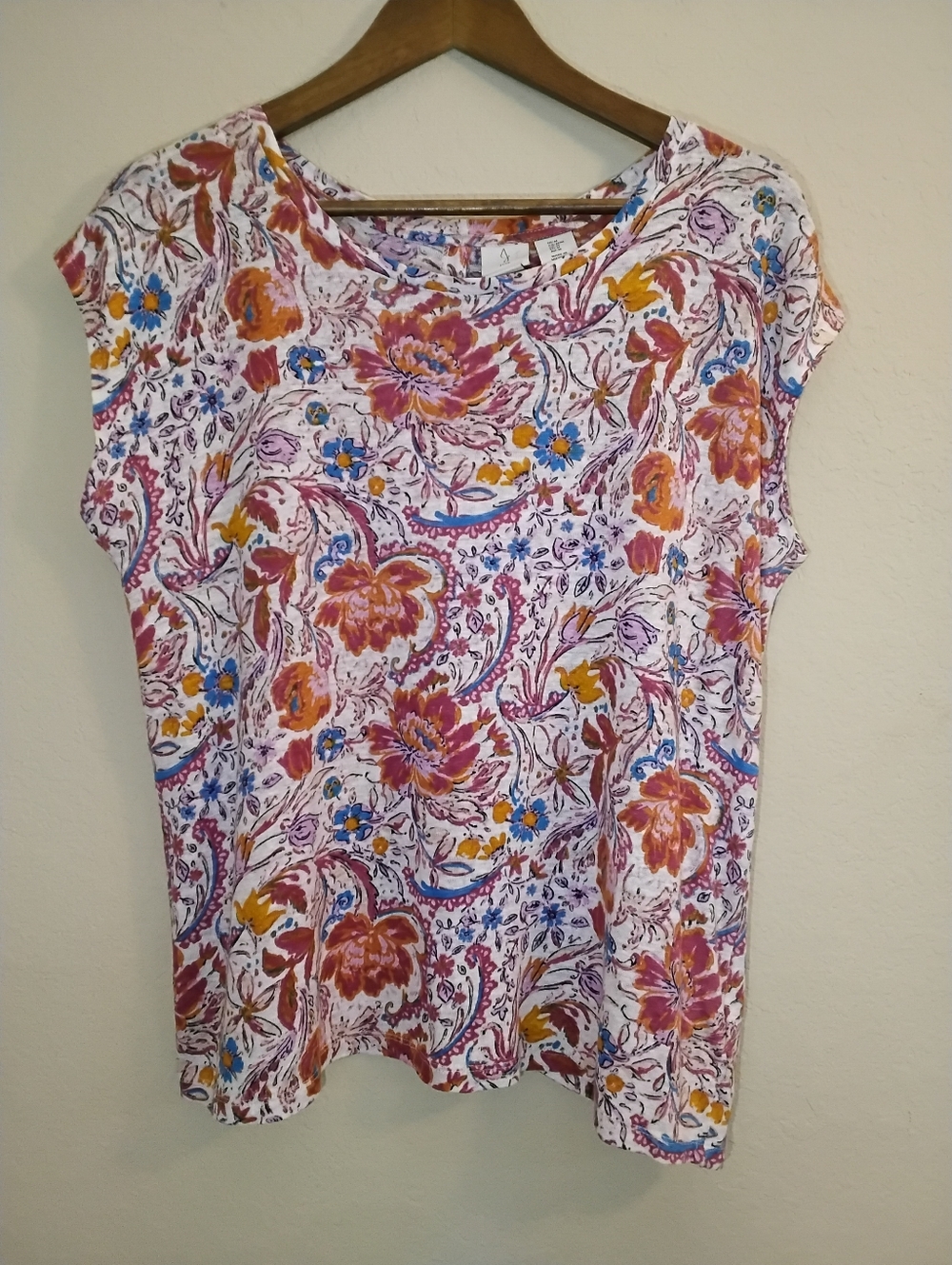 Joie 100% Linen Top Womens Medium White Pink Orange Tropical Floral Boho Luxury - Picture 4 of 8